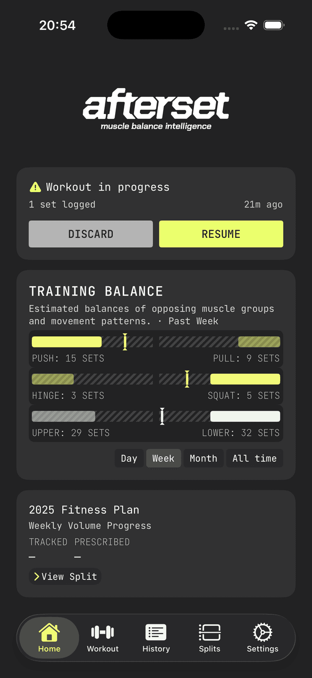 Afterset — Home screen with training balance
