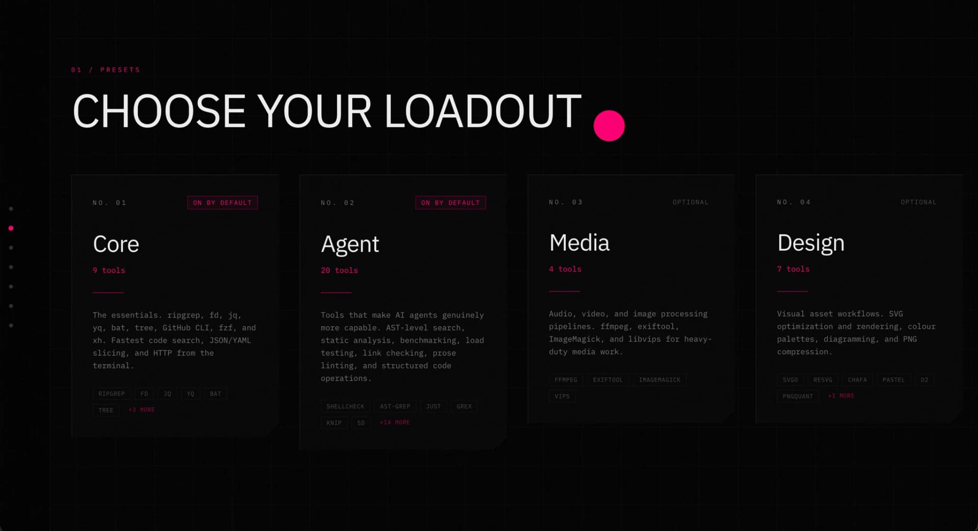 Agent Loadout preset cards: Core and Agent enabled by default, with Media and Design optional.